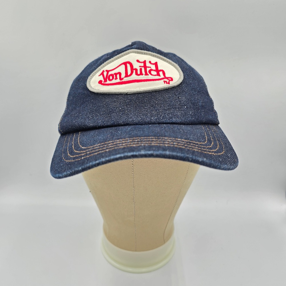 Y2K Von Dutch Denim Trucker Hat Blue Mesh Back Snapback Baseball Retro Logo